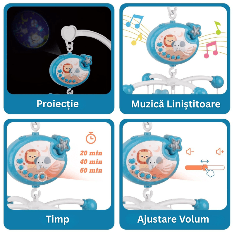Jucarii, Copii si Bebe - Jucarii si jocuri - Jucarii bebelusi - Carusel patut - Carusel Muzical Patut Bebelusi, Telecomanda, Proiector Lumini, 4 Jucarii, Rotire 360°, 40 Melodii, Timer, Volum Reglabil - Infinity.ro