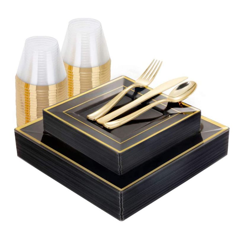 Casa si Gradina - Decoratiuni - Decoratiuni petrecere - Vesela pentru petrecere - Set 175 piese pentru petrecere Versatyx, Farfurii mari si mici, Tacamuri, Pahare, Servete, Reutilizabile, Patrat, Gold - Infinity.ro