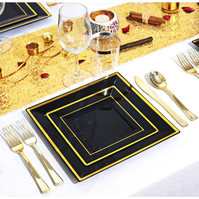 Casa si Gradina - Decoratiuni - Decoratiuni petrecere - Vesela pentru petrecere - Set 175 piese pentru petrecere Versatyx, Farfurii mari si mici, Tacamuri, Pahare, Servete, Reutilizabile, Patrat, Gold - Infinity.ro