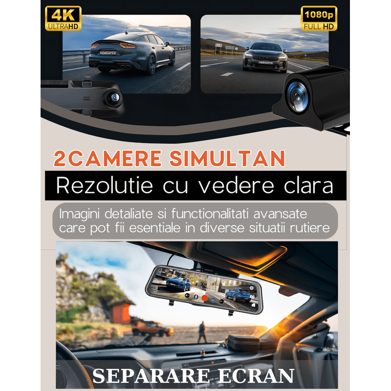 Auto si Moto - Electronice auto - Camere auto si DVR - Camera Auto DVR 4K Dubla, Versatyx® Oglinda, Ecran 10 inch Touchscreen, Sistem ADAS, Monitorizare 24H, Senzor G, WiFi - Infinity.ro