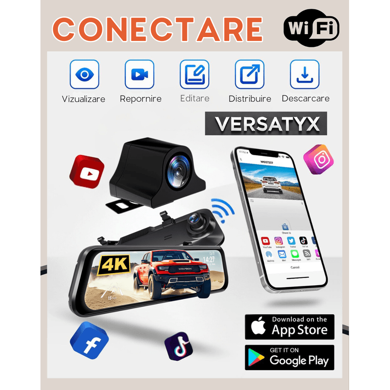 Auto si Moto - Electronice auto - Camere auto si DVR - Camera Auto DVR 4K Dubla, Versatyx® Oglinda, Ecran 10 inch Touchscreen, Sistem ADAS, Monitorizare 24H, Senzor G, WiFi - Infinity.ro