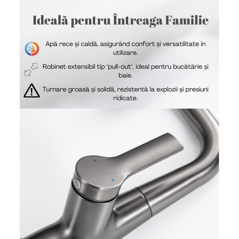 Casa si Gradina - Sanitare - Lavoar baie si accesorii - Baterii sanitare - Baterie chiuveta bucatarie, Otel inoxidabil, Cartus ceramic, Pipa cu dus extractibil, Rotatie 360°, 3 Moduri curgere - Infinity.ro