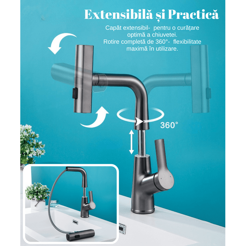 Casa si Gradina - Sanitare - Lavoar baie si accesorii - Baterii sanitare - Baterie chiuveta bucatarie, Otel inoxidabil, Cartus ceramic, Pipa cu dus extractibil, Rotatie 360°, 3 Moduri curgere - Infinity.ro