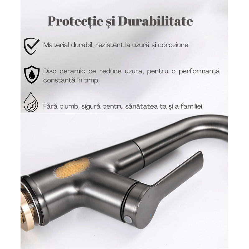 Casa si Gradina - Sanitare - Lavoar baie si accesorii - Baterii sanitare - Baterie chiuveta bucatarie, Otel inoxidabil, Cartus ceramic, Pipa cu dus extractibil, Rotatie 360°, 3 Moduri curgere - Infinity.ro