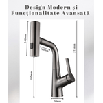 Casa si Gradina - Sanitare - Lavoar baie si accesorii - Baterii sanitare - Baterie chiuveta bucatarie, Otel inoxidabil, Cartus ceramic, Pipa cu dus extractibil, Rotatie 360°, 3 Moduri curgere - Infinity.ro