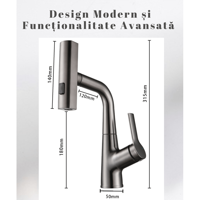 Casa si Gradina - Sanitare - Lavoar baie si accesorii - Baterii sanitare - Baterie chiuveta bucatarie, Otel inoxidabil, Cartus ceramic, Pipa cu dus extractibil, Rotatie 360°, 3 Moduri curgere - Infinity.ro