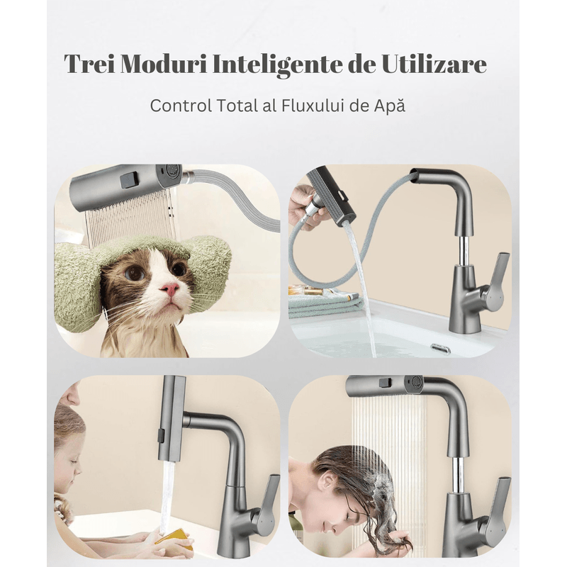 Casa si Gradina - Sanitare - Lavoar baie si accesorii - Baterii sanitare - Baterie chiuveta bucatarie, Otel inoxidabil, Cartus ceramic, Pipa cu dus extractibil, Rotatie 360°, 3 Moduri curgere - Infinity.ro