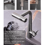 Casa si Gradina - Sanitare - Lavoar baie si accesorii - Baterii sanitare - Baterie chiuveta bucatarie, Otel inoxidabil, Cartus ceramic, Pipa cu dus extractibil, Rotatie 360°, 3 Moduri curgere - Infinity.ro