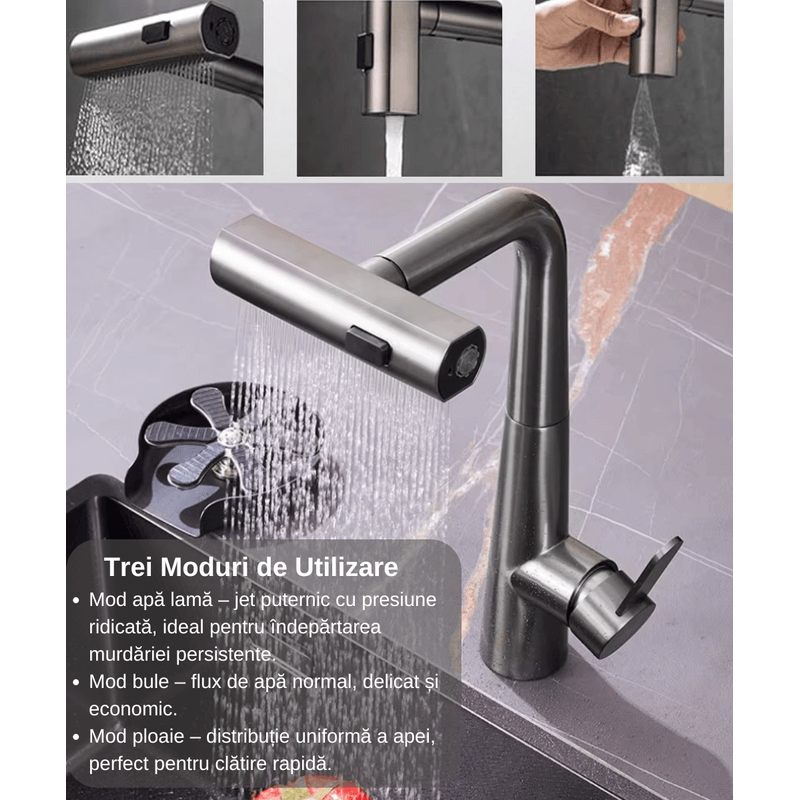 Casa si Gradina - Sanitare - Lavoar baie si accesorii - Baterii sanitare - Baterie chiuveta bucatarie, Otel inoxidabil, Cartus ceramic, Pipa cu dus extractibil, Rotatie 360°, 3 Moduri curgere - Infinity.ro