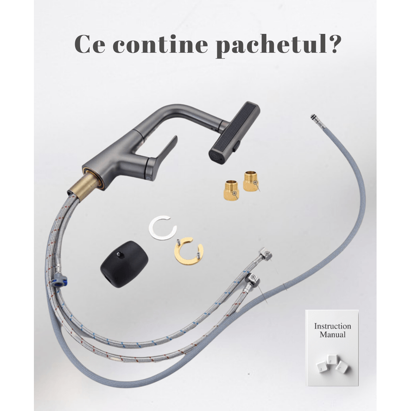 Casa si Gradina - Sanitare - Lavoar baie si accesorii - Baterii sanitare - Baterie chiuveta bucatarie, Otel inoxidabil, Cartus ceramic, Pipa cu dus extractibil, Rotatie 360°, 3 Moduri curgere - Infinity.ro