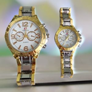 Set de ceasuri pentru cuplu display analog mecanism quartz curea metalica auriu-argintiu cadran alb cu indicatori aurii