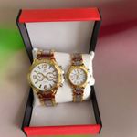 Fashion, accesorii si bijuterii - Barbati - Bijuterii barbati - Ceasuri barbati - Set de ceasuri pentru cuplu display analog mecanism quartz curea metalica auriu-argintiu cadran alb cu indicatori aurii - Infinity.ro