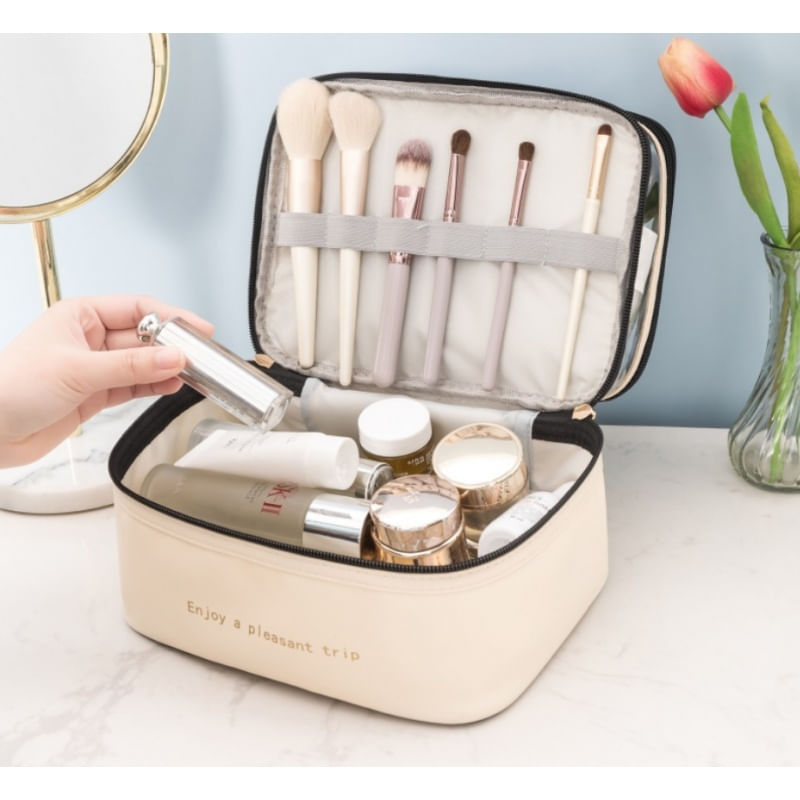 Ingrijire personala si Cosmetice - Machiaj - Portfarduri si genti cosmetice - Geanta pentru cosmetice, pliabila, cu doua compartimente, crem - Infinity.ro