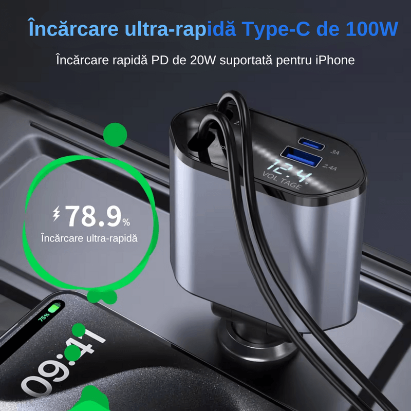 Laptop, Telefoane si Tablete - Telefoane mobile si accesorii - Accesorii Telefoane - Incarcatoare telefoane - Incarcator Auto 4 in 1 Multifunctional, Incarcare Rapida, Incarcare Simultana, Auto-Reglabil, Design cu 2 Cabluri - Infinity.ro