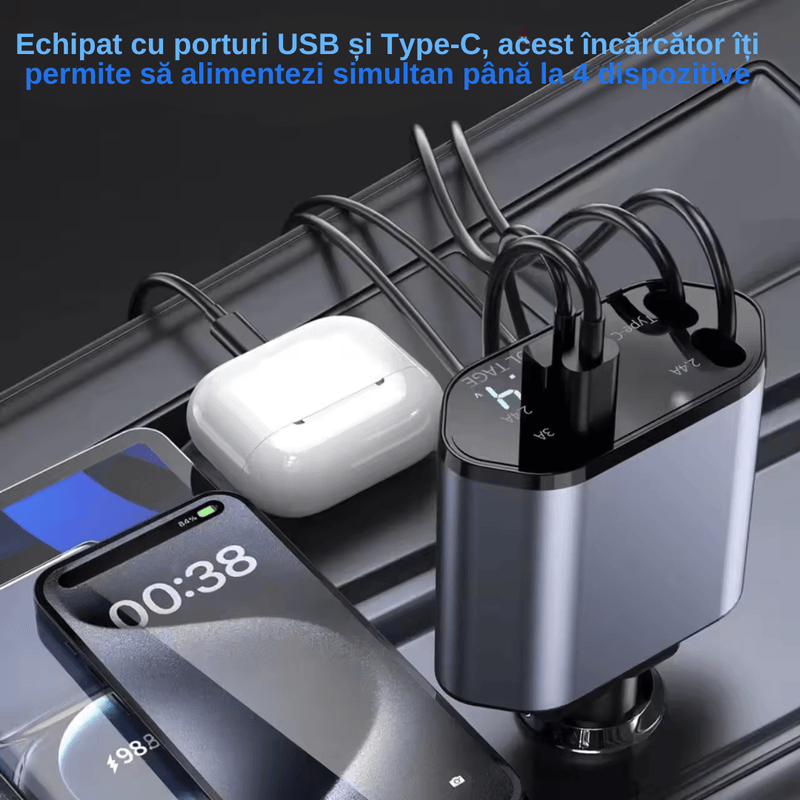 Laptop, Telefoane si Tablete - Telefoane mobile si accesorii - Accesorii Telefoane - Incarcatoare telefoane - Incarcator Auto 4 in 1 Multifunctional, Incarcare Rapida, Incarcare Simultana, Auto-Reglabil, Design cu 2 Cabluri - Infinity.ro