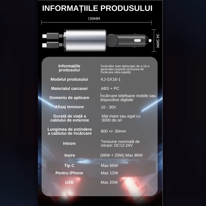 Laptop, Telefoane si Tablete - Telefoane mobile si accesorii - Accesorii Telefoane - Incarcatoare telefoane - Incarcator Auto 4 in 1 Multifunctional, Incarcare Rapida, Incarcare Simultana, Auto-Reglabil, Design cu 2 Cabluri - Infinity.ro