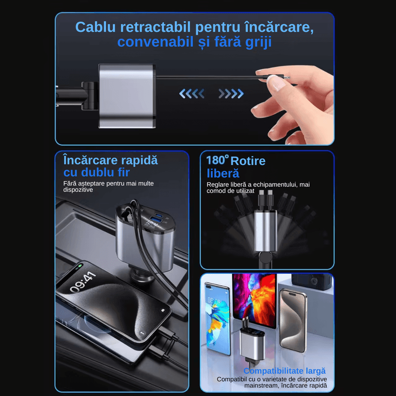 Laptop, Telefoane si Tablete - Telefoane mobile si accesorii - Accesorii Telefoane - Incarcatoare telefoane - Incarcator Auto 4 in 1 Multifunctional, Incarcare Rapida, Incarcare Simultana, Auto-Reglabil, Design cu 2 Cabluri - Infinity.ro