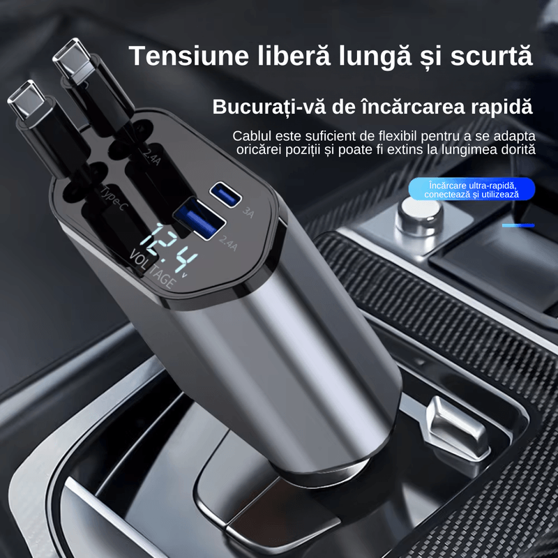 Laptop, Telefoane si Tablete - Telefoane mobile si accesorii - Accesorii Telefoane - Incarcatoare telefoane - Incarcator Auto 4 in 1 Multifunctional, Incarcare Rapida, Incarcare Simultana, Auto-Reglabil, Design cu 2 Cabluri - Infinity.ro