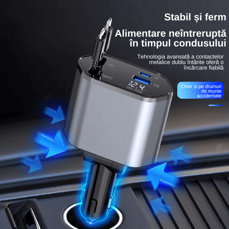 Laptop, Telefoane si Tablete - Telefoane mobile si accesorii - Accesorii Telefoane - Incarcatoare telefoane - Incarcator Auto 4 in 1 Multifunctional, Incarcare Rapida, Incarcare Simultana, Auto-Reglabil, Design cu 2 Cabluri - Infinity.ro