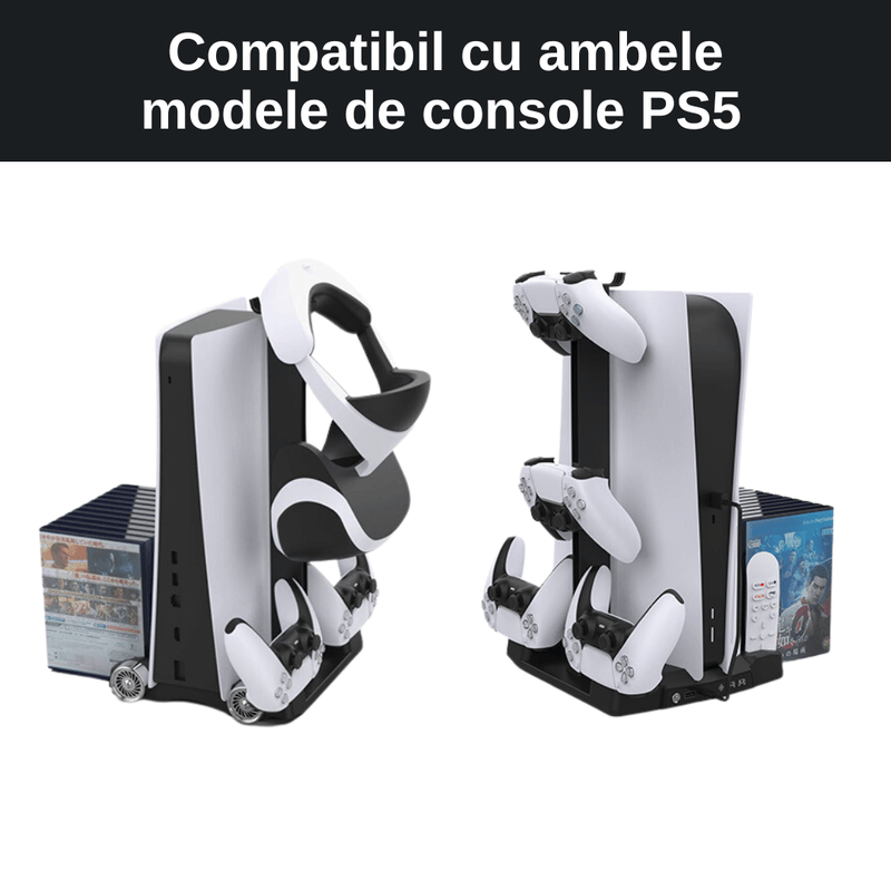 PC, gaming si accesorii - Gaming - Accesorii gaming - Accesorii console gaming - Stand Racire PS5, LUDORA®, Vertical, Multifunctional, Cu 2 Porturi de Incarcare Controllere, Suport Casti, 11 Sloturi - Infinity.ro