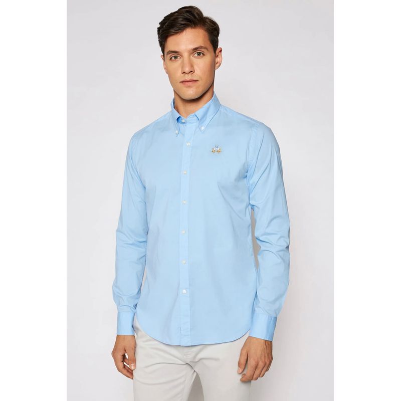 Fashion, accesorii si bijuterii - Barbati - Imbracaminte - Camasi barbati - Camasa La Martina Slim fit cu logo brodat CCMC02, M INTL, Albastru - Infinity.ro