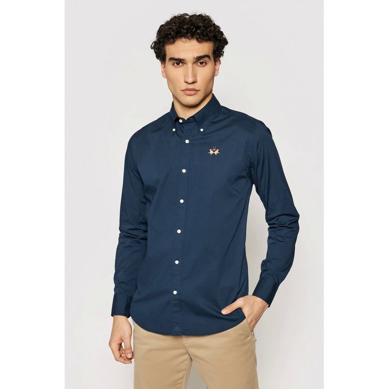 Fashion, accesorii si bijuterii - Barbati - Imbracaminte - Camasi barbati - Camasa La Martina Slim fit cu logo brodat CCMC02, 3XL INTL, Bleumarin - Infinity.ro