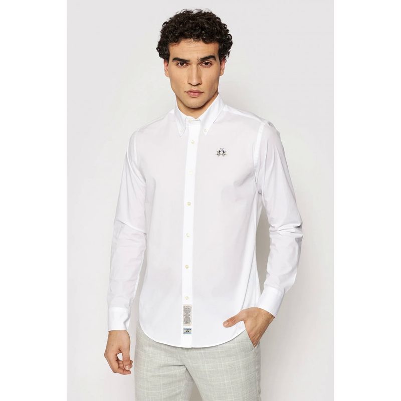 Fashion, accesorii si bijuterii - Barbati - Imbracaminte - Camasi barbati - Camasa La Martina Slim fit cu logo brodat CCMC02, 4XL INTL, Alb - Infinity.ro