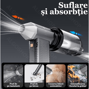 Suflanta Aer si Aspirator Fara Fir Turbo Fan, 2 in 1, portabila, 200W, 130000 RPM, Baterie 8000 mAh, Indepartare Praf