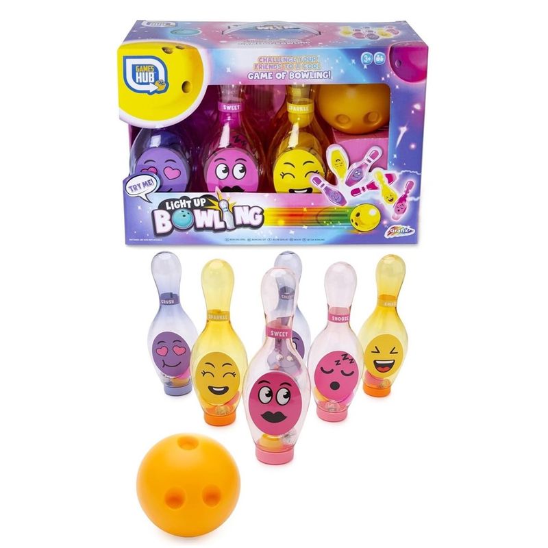 Jucarii, Copii si Bebe - Jucarii si jocuri - Jucarii & jocuri educative - Jucarii interactive - Set bowling Grafix cu LED-uri, roz, galben, mov, Light Up Bowling, R05-0707-PINK - Infinity.ro