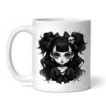 Casa si Gradina - Bucatarie si vesela - Cani si pahare - Cani si cesti - Cana alba personalizata, Halloween Bruneta cu fundita cu craniu, INOVATIX®. 330ml - Infinity.ro