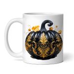 Casa si Gradina - Bucatarie si vesela - Cani si pahare - Cani si cesti - Cana alba personalizata, Halloween Dovleac negru cu ornamente aurii, INOVATIX®. 330ml - Infinity.ro