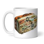 Casa si Gradina - Bucatarie si vesela - Cani si pahare - Cani si cesti - Cana alba personalizata, Valiza vintage decorata cu timbre, INOVATIX®. 330ml - Infinity.ro