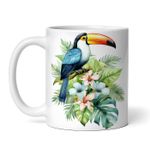 Casa si Gradina - Bucatarie si vesela - Cani si pahare - Cani si cesti - Cana alba personalizata, Papagal Tucan cu flori tropicale albastre, INOVATIX®. 330ml - Infinity.ro