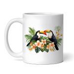 Casa si Gradina - Bucatarie si vesela - Cani si pahare - Cani si cesti - Cana alba personalizata, Papagali Tucan si flori Pomelia, INOVATIX®. 330ml - Infinity.ro