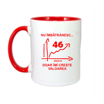 Casa si Gradina - Bucatarie si vesela - Cani si pahare - Cani si cesti - Cana maner rosu personalizata "Nu imbatranesc doar imi creste valoarea, 46 ani", INOVATIX®. 330ml - Infinity.ro