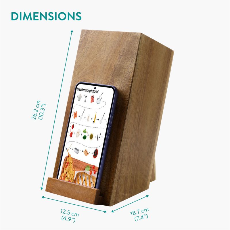 Casa si Gradina - Bucatarie si vesela - Organizare si depozitare bucatarie - Suporturi tacamuri si vase - Suport cutite Navaris din lemn de acacia, cu suport telefon, 25,5x19x11 cm, NAV000009YK004C - Infinity.ro
