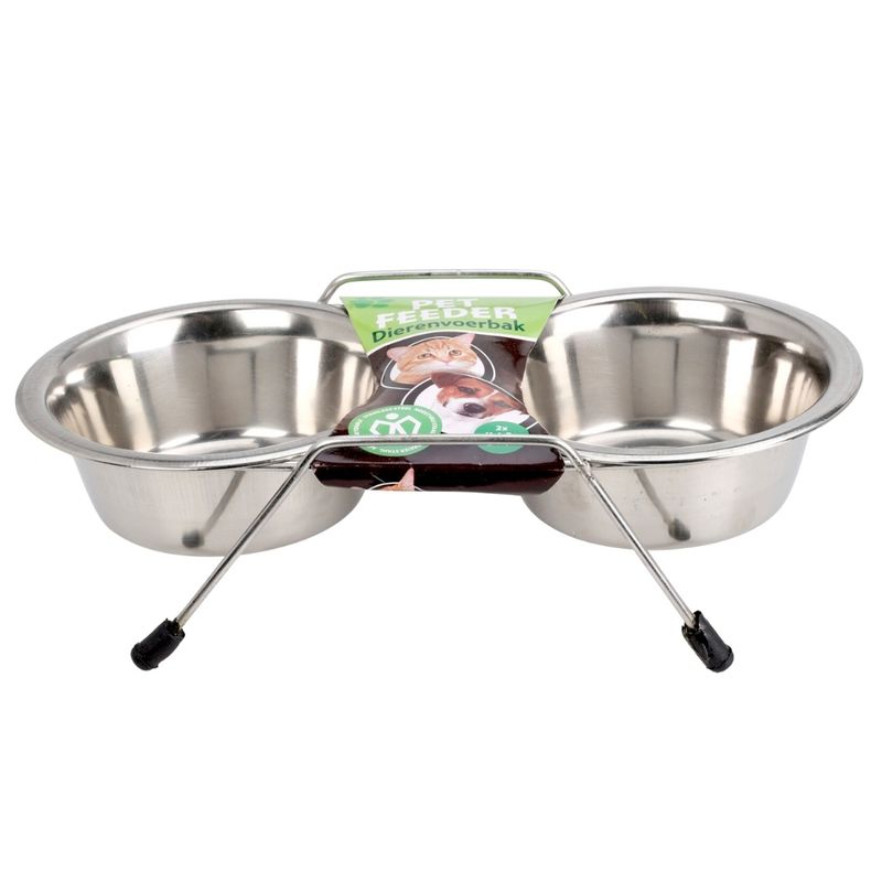 Petshop - Accesorii petshop - Castroane si adapatori - Set 2 boluri, pentru caini si pisici, cu suport, din otel inoxidabil, 11,5 cm - Infinity.ro
