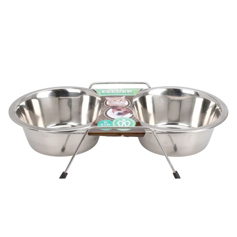 Petshop - Accesorii petshop - Castroane si adapatori - Set 2 boluri, pentru caini si pisici, cu suport, din otel inoxidabil, 34.5x16.5x8 cm, 0.8l - Infinity.ro