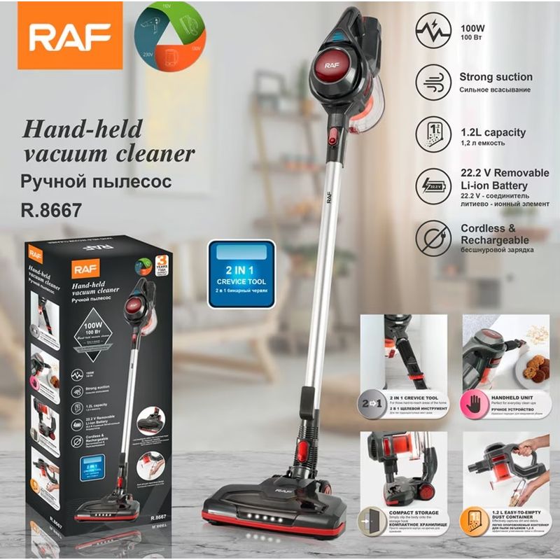Electronice si Electrocasnice - Ingrijirea locuintei - Aspiratoare - Aspirator fara fir si sac, RAF R8667, 100 W, 2 accesorii, filtru HEPA, 115x25 cm, negru-rosu - Infinity.ro