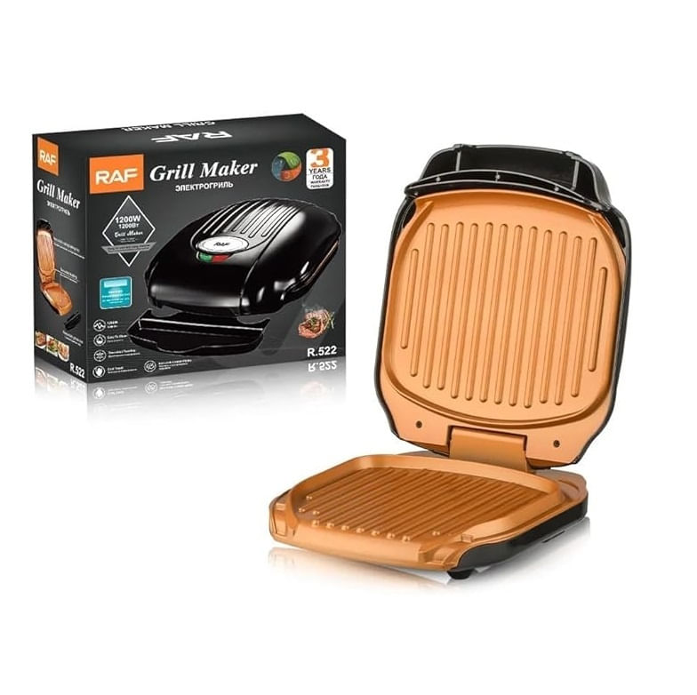 Gratar electric, RAF R522, 1000W, cu capac, placi antiaderente, 25x22x32 cm, negru