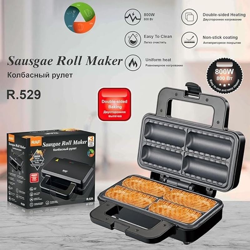 Electronice si Electrocasnice - Electrocasnice bucatarie - Aparate de gatit & desert - Aparate de gatit cu aburi - Aparat electric pentru 4 rulouri cu carnati sau placinte umplute in acelasi timp, RAF R529, 800 W, negru - Infinity.ro