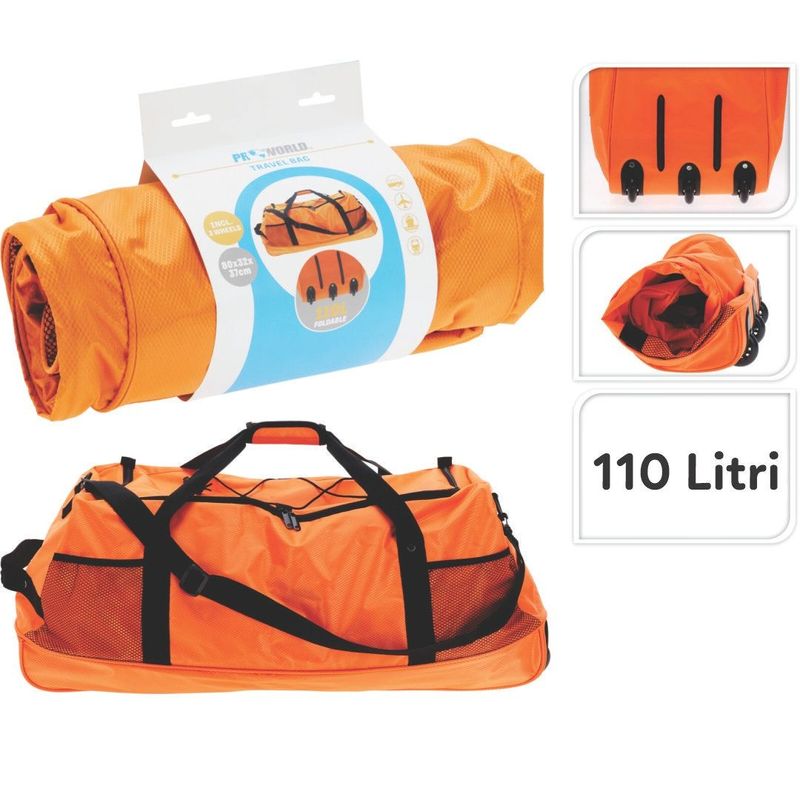 Sport si Outdoor - Articole de voiaj - Genti voiaj - Geanta de Voiaj Pliabila cu Roti, ProWorld – 110 Litri, 80x32x37 cm, Portocaliu Neon - Infinity.ro