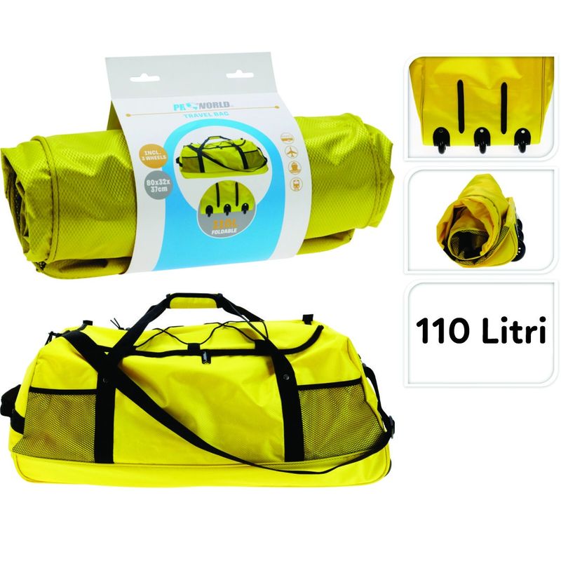 Sport si Outdoor - Articole de voiaj - Genti voiaj - Geanta de Voiaj Pliabila cu Roti, ProWorld – 110 Litri, 80x32x37 cm, Galben Neon - Infinity.ro