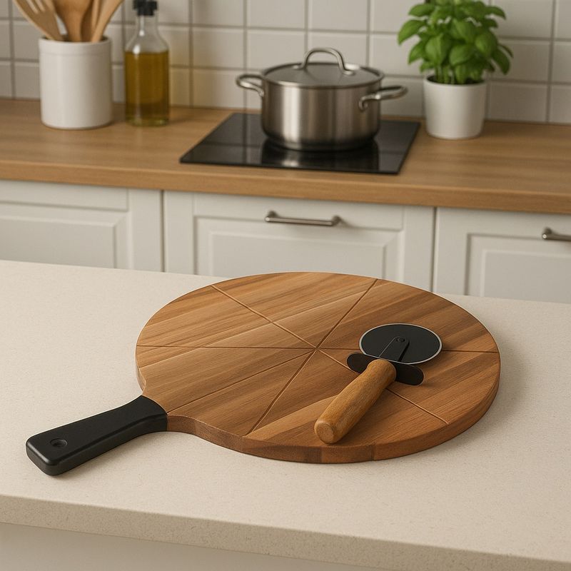 Casa si Gradina - Bucatarie si vesela - Ustensile bucatarie - Feliatoare si taietoare manuale - Set Taiere si Servire Pizza – Placa din Lemn cu Ghidaj si Cutit Rotativ Inclus - Infinity.ro