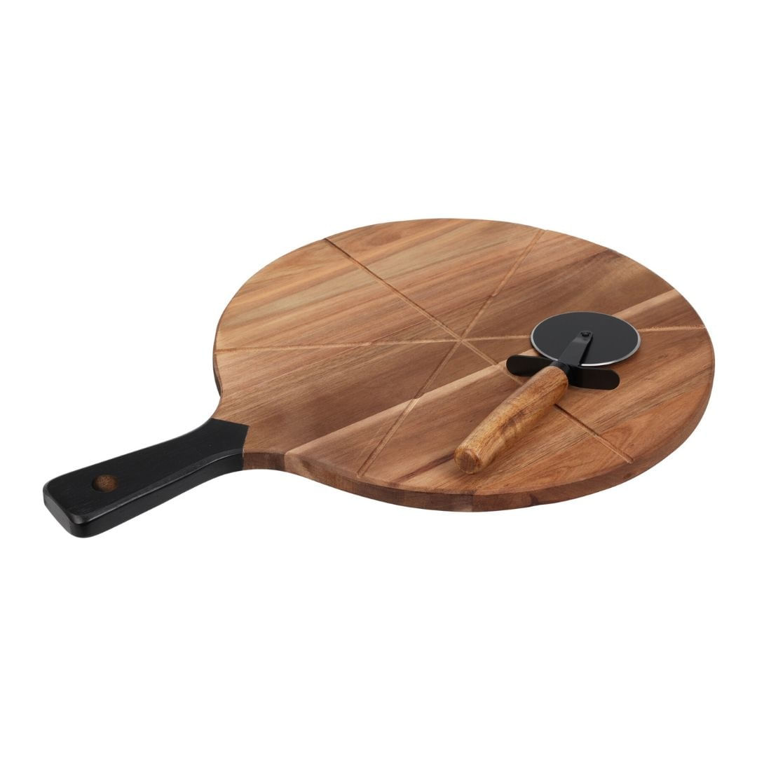 Set Taiere si Servire Pizza – Placa din Lemn cu Ghidaj si Cutit Rotativ Inclus