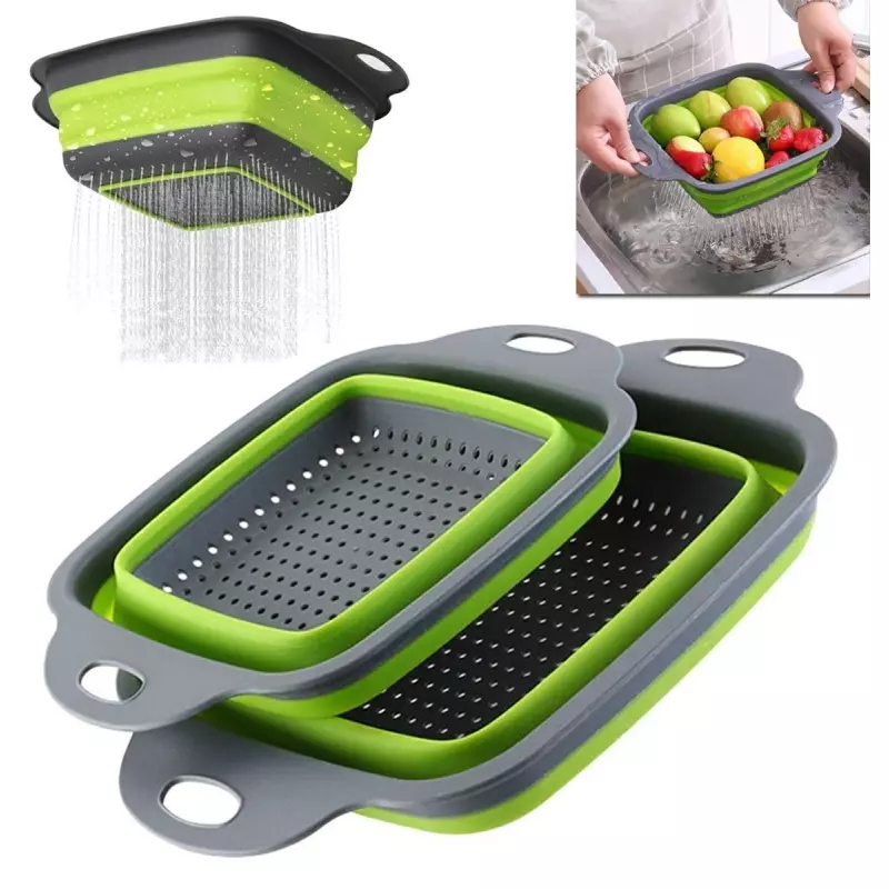 Casa si Gradina - Bucatarie si vesela - Organizare si depozitare bucatarie - Scurgator vase - Set 2 scurgatoare pliabile din plastic si silicon, verde, Gonga® Verde/Gri - Infinity.ro