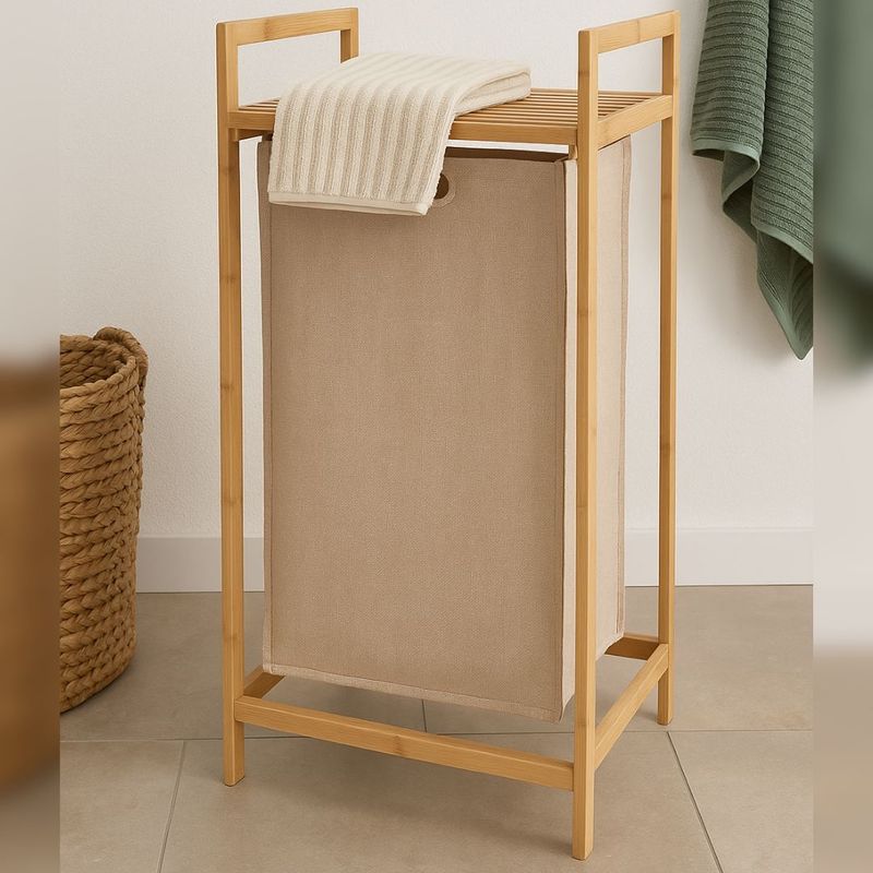 Market - Spalare si intretinere rufe - Uscatoare de rufe si accesorii - Cos de Rufe Bambus cu Husa Textila – 33x33x73 cm – Bathroom Solutions - Infinity.ro
