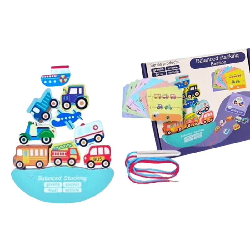 Jucarii, Copii si Bebe - Jucarii si jocuri - Jucarii & jocuri educative - Jucarii interactive - Joc Montessori de echilibru si insiruire, 12 piese lemn, Balanced Stacking Beading, Vehicule, 3 ani, EduJucarii - Infinity.ro