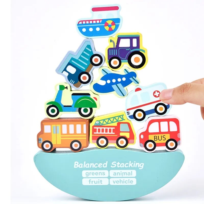 Jucarii, Copii si Bebe - Jucarii si jocuri - Jucarii & jocuri educative - Jucarii interactive - Joc Montessori de echilibru si insiruire, 12 piese lemn, Balanced Stacking Beading, Vehicule, 3 ani, EduJucarii - Infinity.ro