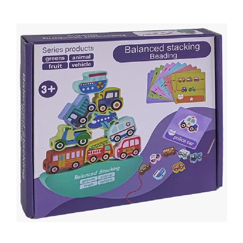 Jucarii, Copii si Bebe - Jucarii si jocuri - Jucarii & jocuri educative - Jucarii interactive - Joc Montessori de echilibru si insiruire, 12 piese lemn, Balanced Stacking Beading, Vehicule, 3 ani, EduJucarii - Infinity.ro